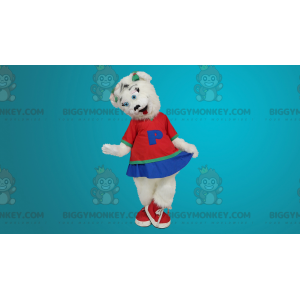 BIGGYMONKEY™ White Bear Mascot Costume Dressed As A Cheerleader