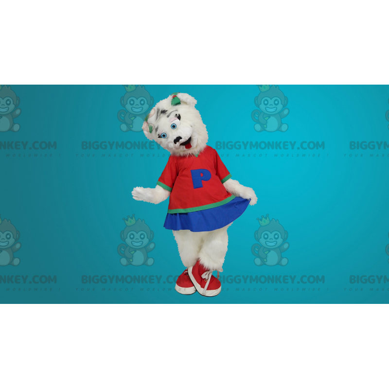 BIGGYMONKEY™ White Bear Mascot Costume Dressed As A Cheerleader