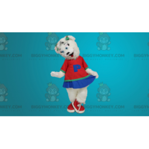 BIGGYMONKEY™ White Bear Maskottchenkostüm als Cheerleader