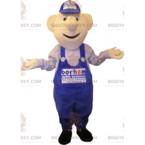 BIGGYMONKEY™ Mascot Costume of Snowman in Blue Overalls and Cap