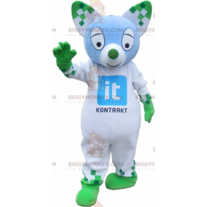 Traje de mascote de gato colorido com orelhas pontudas