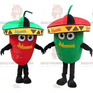 Duo de mascottes BIGGYMONKEY™ de piments vert et rouge géants.