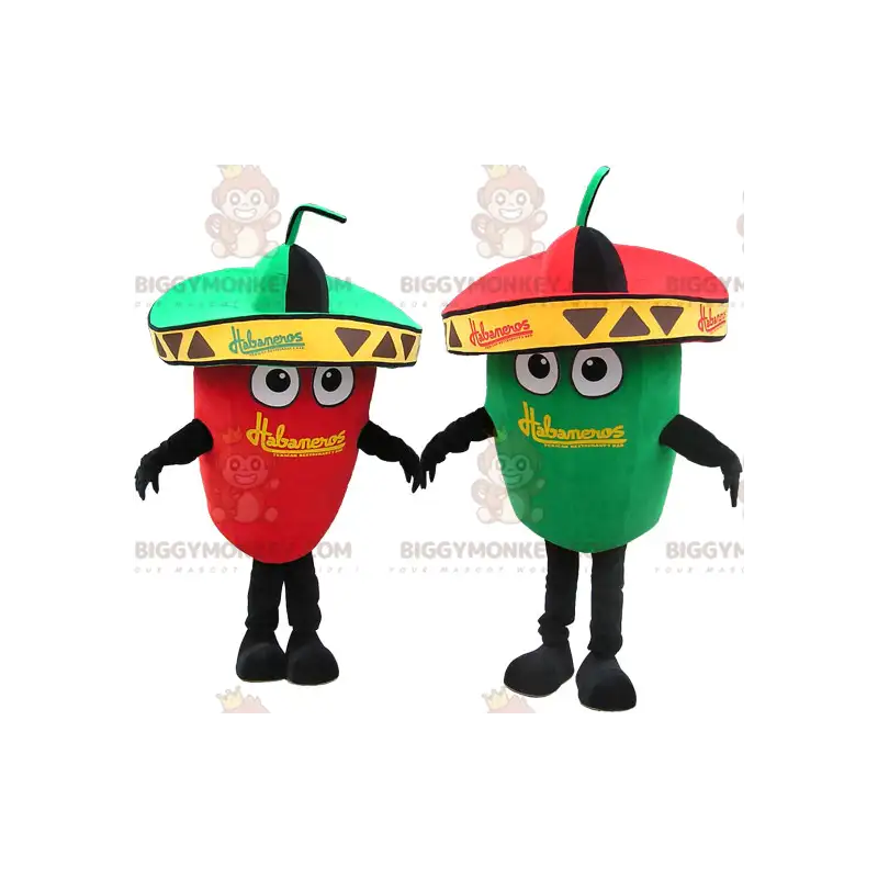 2 mascotes BIGGYMONKEY™s de pimentões verdes e vermelhos 2 mascotes BIGGYMONKEY™s de pimentões verdes e vermelhos