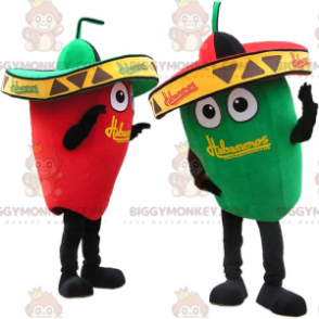 2 maskot BIGGYMONKEY™s av gigantiske grønne og røde paprika. BIGGYMONKEY™s maskot-par - Matmaskot - BiggyMonkey.com