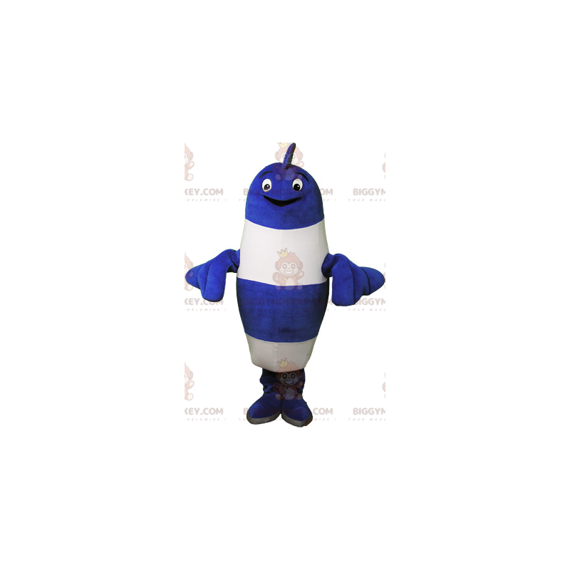 Disfraz de mascota BIGGYMONKEY™ de pez gigante con rayas azules Disfraz de mascota BIGGYMONKEY™ de pez gigante con rayas azules