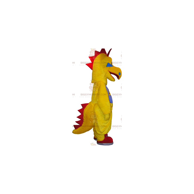 Divertido disfraz de mascota dinosaurio amarillo y rojo Divertido disfraz de mascota dinosaurio amarillo y rojo