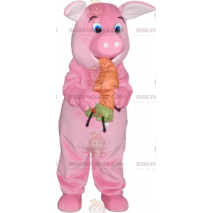 BIGGYMONKEY™ Mascot Costume Pink Pig with Orange Carrot -