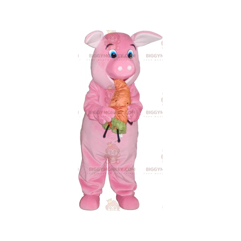 BIGGYMONKEY™ maskottiasu vaaleanpunainen possu oranssilla BIGGYMONKEY™ maskottiasu vaaleanpunainen possu oranssilla