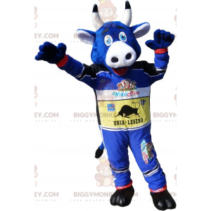 BIGGYMONKEY™ Mascot Costume Blue Cow In Racer Outfit -