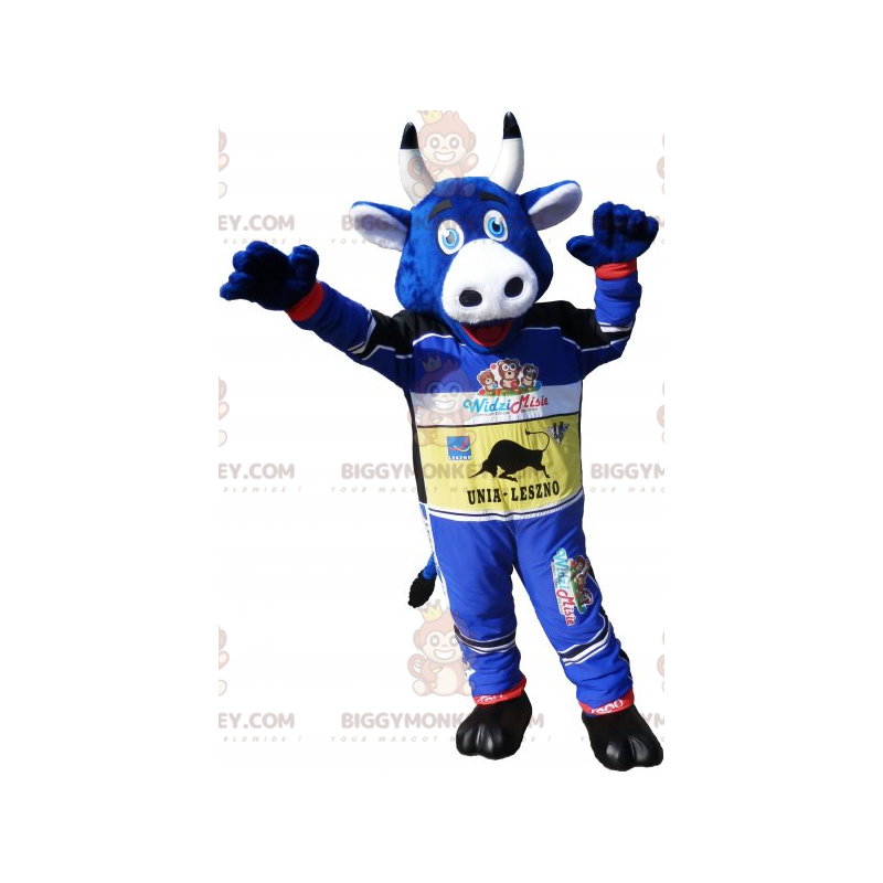 Costume de mascotte BIGGYMONKEY™ de vache bleue en tenue de Costume de mascotte BIGGYMONKEY™ de vache bleue en tenue de