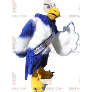 Costume de mascotte BIGGYMONKEY™ de vautour bleu jaune et blanc