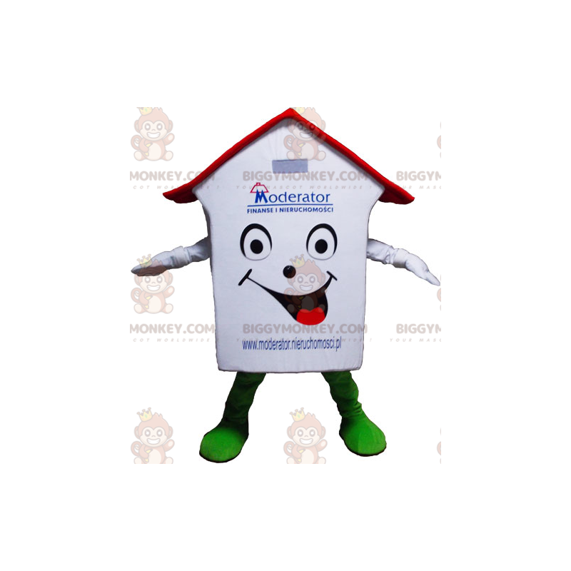 Sehr lächelndes rotes und grünes Weißes Haus BIGGYMONKEY™ Maskottchenkostüm - Hausmaskottchen - BiggyMonkey.com