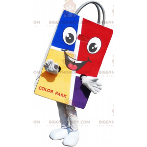 Kostým maskota BIGGYMONKEY™ s úsměvem barevné papírové tašky –