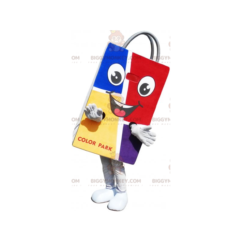 Fantasia de mascote de saco de papel colorido sorridente Fantasia de mascote de saco de papel colorido sorridente