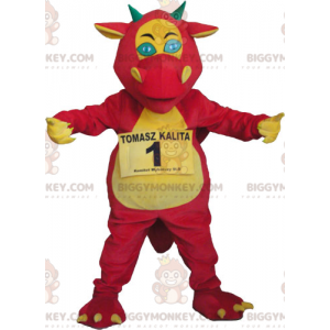 Costume da mascotte drago gigante rosso giallo e verde