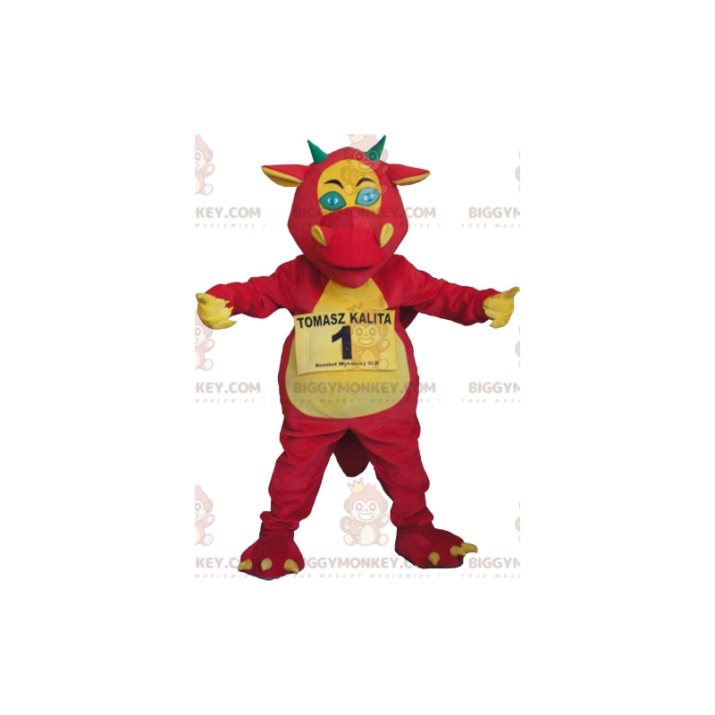 Costume da mascotte drago gigante rosso giallo e verde