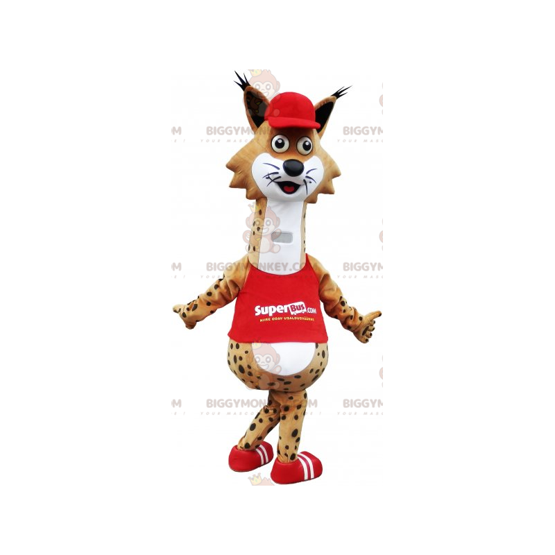 BIGGYMONKEY™ Legrační kostým maskota rysa skvrnitého s červeným BIGGYMONKEY™ Legrační kostým maskota rysa skvrnitého s červeným