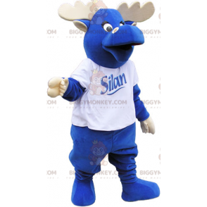 Στολή μασκότ BIGGYMONKEY™ All Blue Elk με ελαφοκέρατα και λευκό T-shirt - Μασκότ ελαφιών και ελαφιών - BiggyMonkey.com