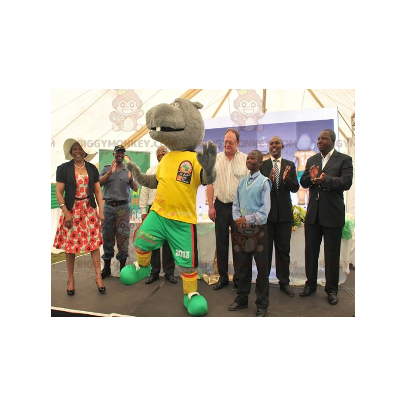 BIGGYMONKEY™ Mascot Costume of Gray Hippo in Yellow and Green BIGGYMONKEY™ Mascot Costume of Gray Hippo in Yellow and Green