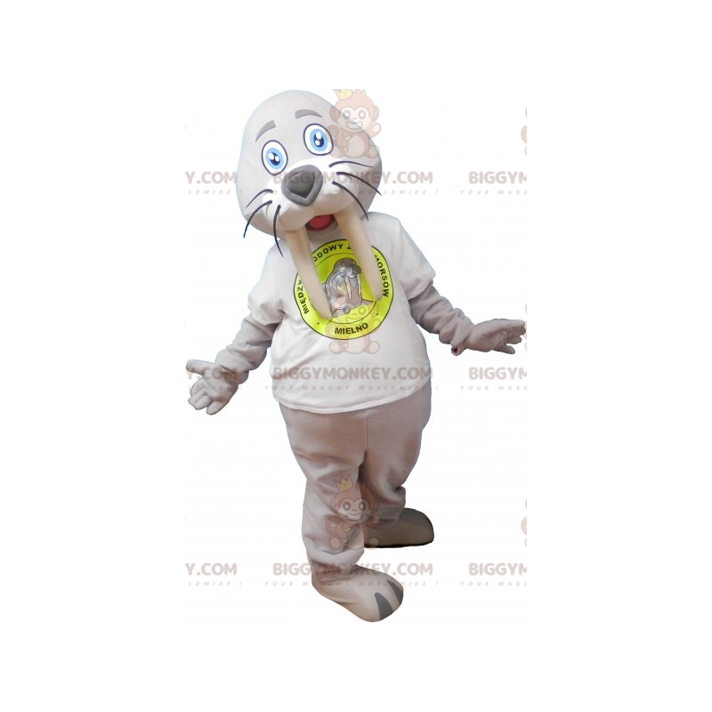 Κοστούμι μασκότ Γκρι Giant Walrus BIGGYMONKEY™ με λευκό μπλουζάκι - Μασκότ φώκιας - BIGGYMONKEY_06504 - BiggyMonkey.com