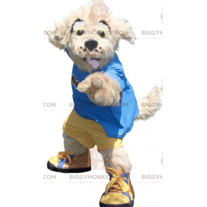 BIGGYMONKEY™ Mascot Costume of Tan Dog i gult og blåt outfit -
