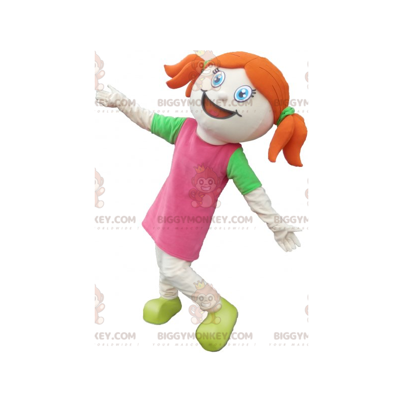  BIGGYMONKEY™ Costume da mascotte di ragazza dai capelli rossi carina vestita di rosa e verde - BiggyMonkey.com