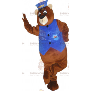 Στολή μασκότ BIGGYMONKEY™ γιγαντιαίου καφέ κάστορα με κέπι και γιλέκο