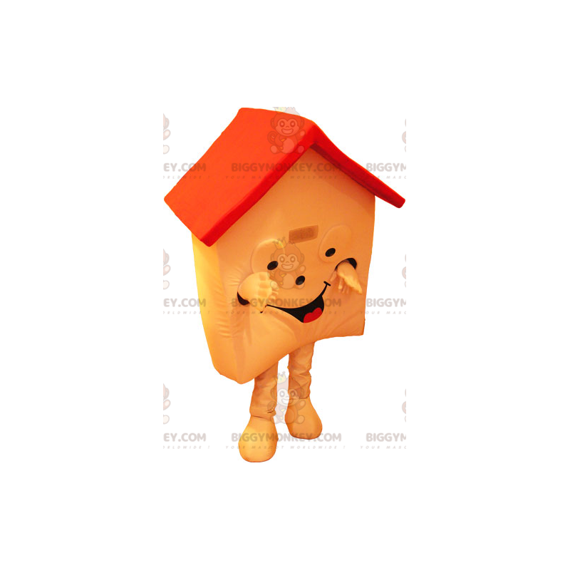Velmi usměvavý kostým oranžovo-červeného domu BIGGYMONKEY™ maskota - Dům maskoti - BIGGYMONKEY_06530 - BiggyMonkey.com