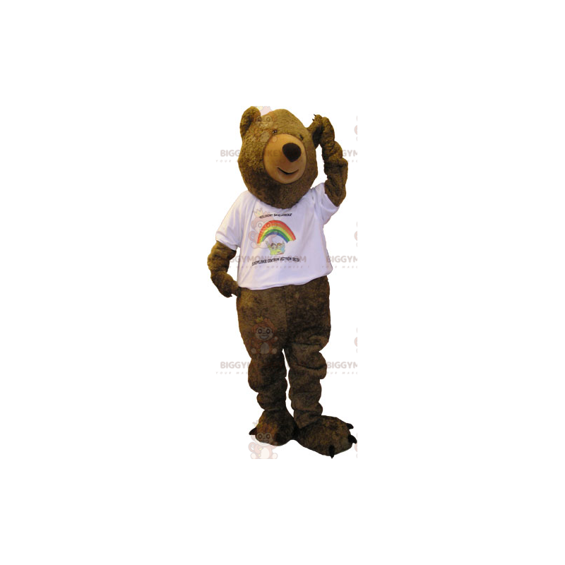 BIGGYMONKEY™ Big Brown Bear maskottiasu valkoisella T-paidalla