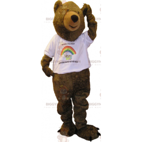 BIGGYMONKEY™ Big Brown Bear maskottiasu valkoisella T-paidalla