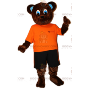 BIGGYMONKEY™ Μασκότ Κοστούμι καφέ αρκούδα σε πορτοκαλί και μαύρο ντύσιμο - Μασκότ αρκούδας - BIGGYMONKEY_06565 - BiggyMonkey.com