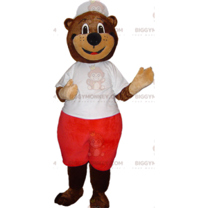 Brown Bear BIGGYMONKEY™ maskottiasu valkoisessa ja punaisessa