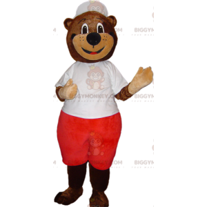 Στολή μασκότ καφέ αρκούδας BIGGYMONKEY™ σε λευκό και κόκκινο