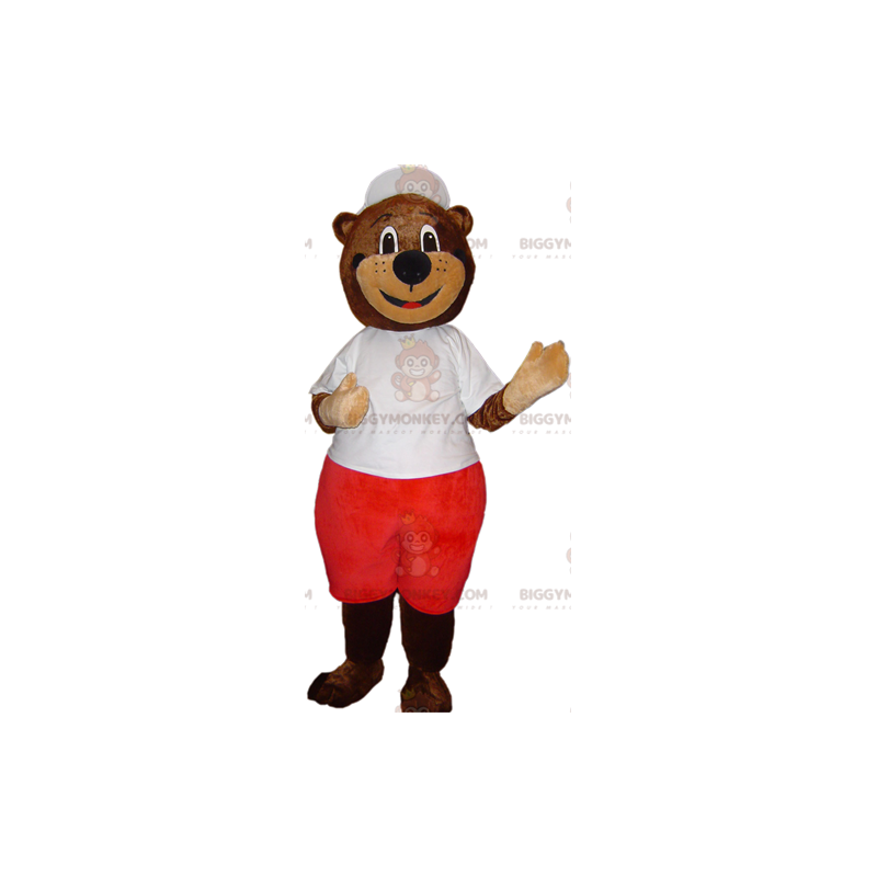 Brun bjørn BIGGYMONKEY™ maskotkostume i hvidt og rødt outfit - Brun bjørn BIGGYMONKEY™ maskotkostume i hvidt og rødt outfit -
