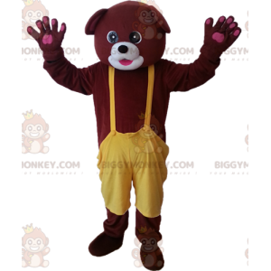 Brun björn BIGGYMONKEY™ maskotdräkt med gul overall -