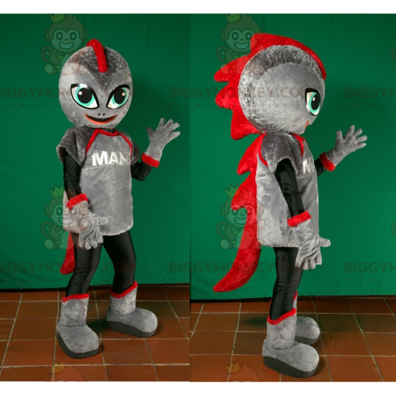 Fantasia de mascote de dinossauro futurista cinza e vermelho Fantasia de mascote de dinossauro futurista cinza e vermelho