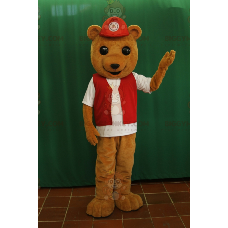 BIGGYMONKEY™ maskotkostume Brun bjørneunge med rød vest og BIGGYMONKEY™ maskotkostume Brun bjørneunge med rød vest og