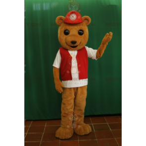 Kostým maskota BIGGYMONKEY™ Mládě medvěda hnědého s červenou vestou a čepicí - Maskot medvěda - BiggyMonkey.com