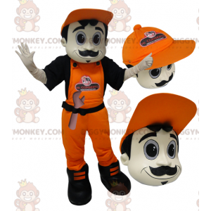 BIGGYMONKEY™ mascot costume of man in overalls and orange cap.