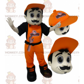 BIGGYMONKEY™ mascot costume of man in overalls and orange cap.