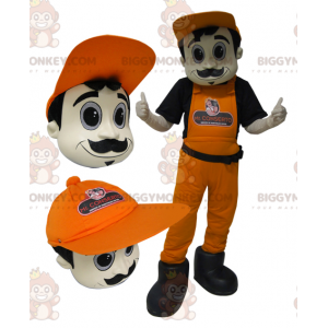 BIGGYMONKEY™ maskotkostume af mand i overalls og orange kasket