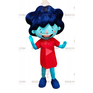 BIGGYMONKEY™ Mascot Costume of Blue Girl in Red Dress and Big