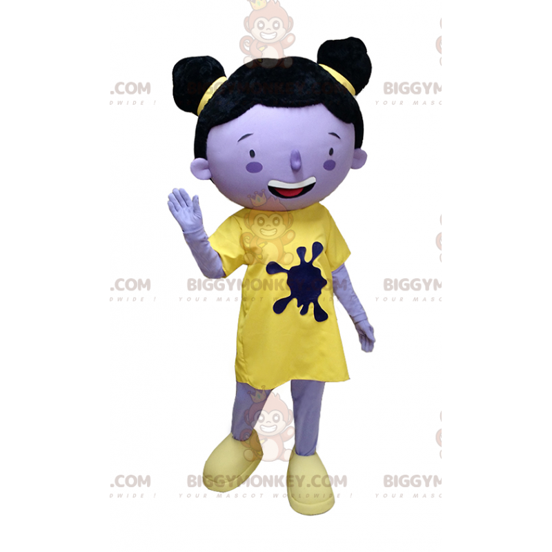 BIGGYMONKEY™ maskotkostume af lilla pige i gult outfit med BIGGYMONKEY™ maskotkostume af lilla pige i gult outfit med