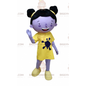 Kostým BIGGYMONKEY™ maskota fialové dívky ve žlutém outfitu s drdoly - Chlapci a dívky maskoti - BiggyMonkey.com