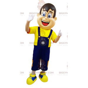 BIGGYMONKEY™ mascot costume of man in blue overalls and yellow