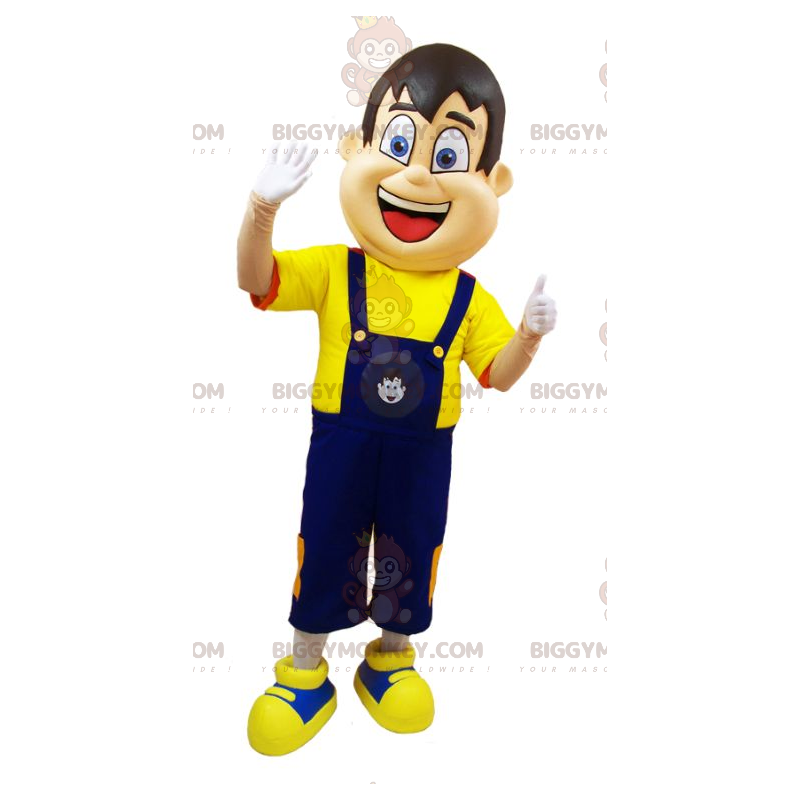 Kostým maskota BIGGYMONKEY™ muže v modré kombinéze a žlutém Kostým maskota BIGGYMONKEY™ muže v modré kombinéze a žlutém