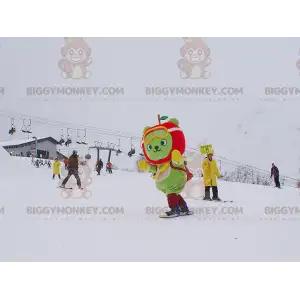 Grüner Bär BIGGYMONKEY™ Maskottchen-Kostüm mit Apfelkopf -