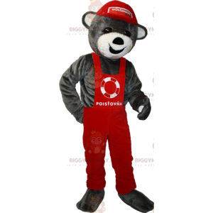 BIGGYMONKEY™-mascottekostuum van grijze teddy in rode overall