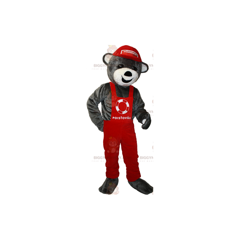 BIGGYMONKEY™ maskotdräkt av grå nalle i röd overall och keps - BIGGYMONKEY™ maskotdräkt av grå nalle i röd overall och keps -