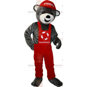 BIGGYMONKEY™ Mascot Costume of Gray Teddy in Red Overalls and